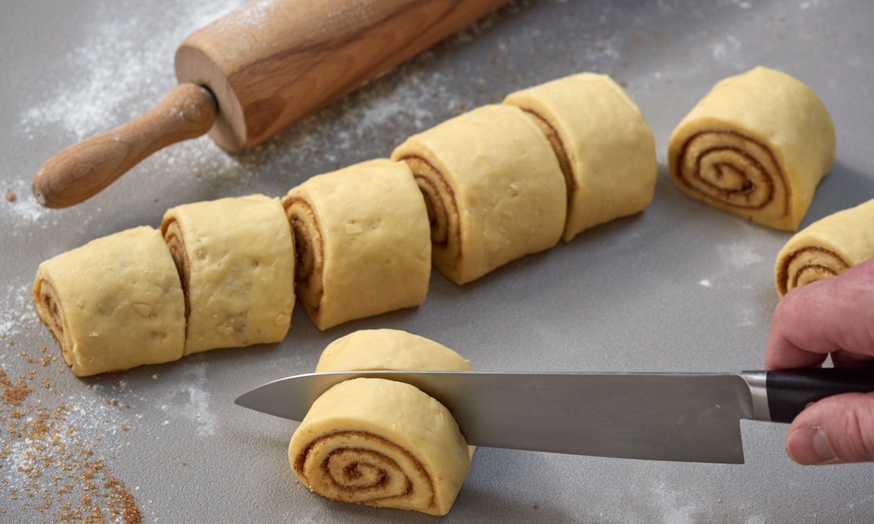 A Fahéjas duplacsiga szeleteket késsel félig elvágjuk és szétterítjük.